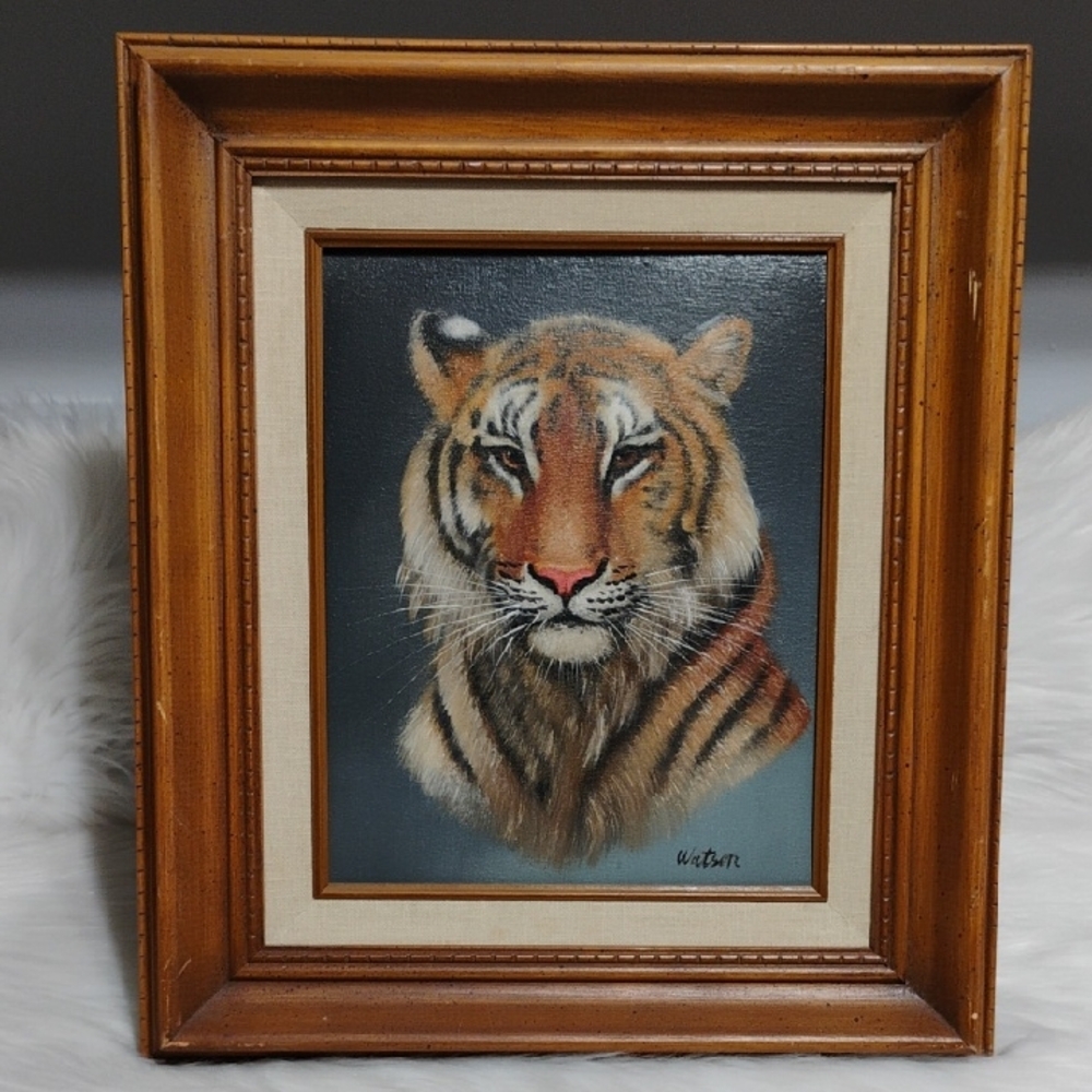 Vtg Oil Painting On Canvas Featuring Bengal Tiger Portrait Signed By "Watson"